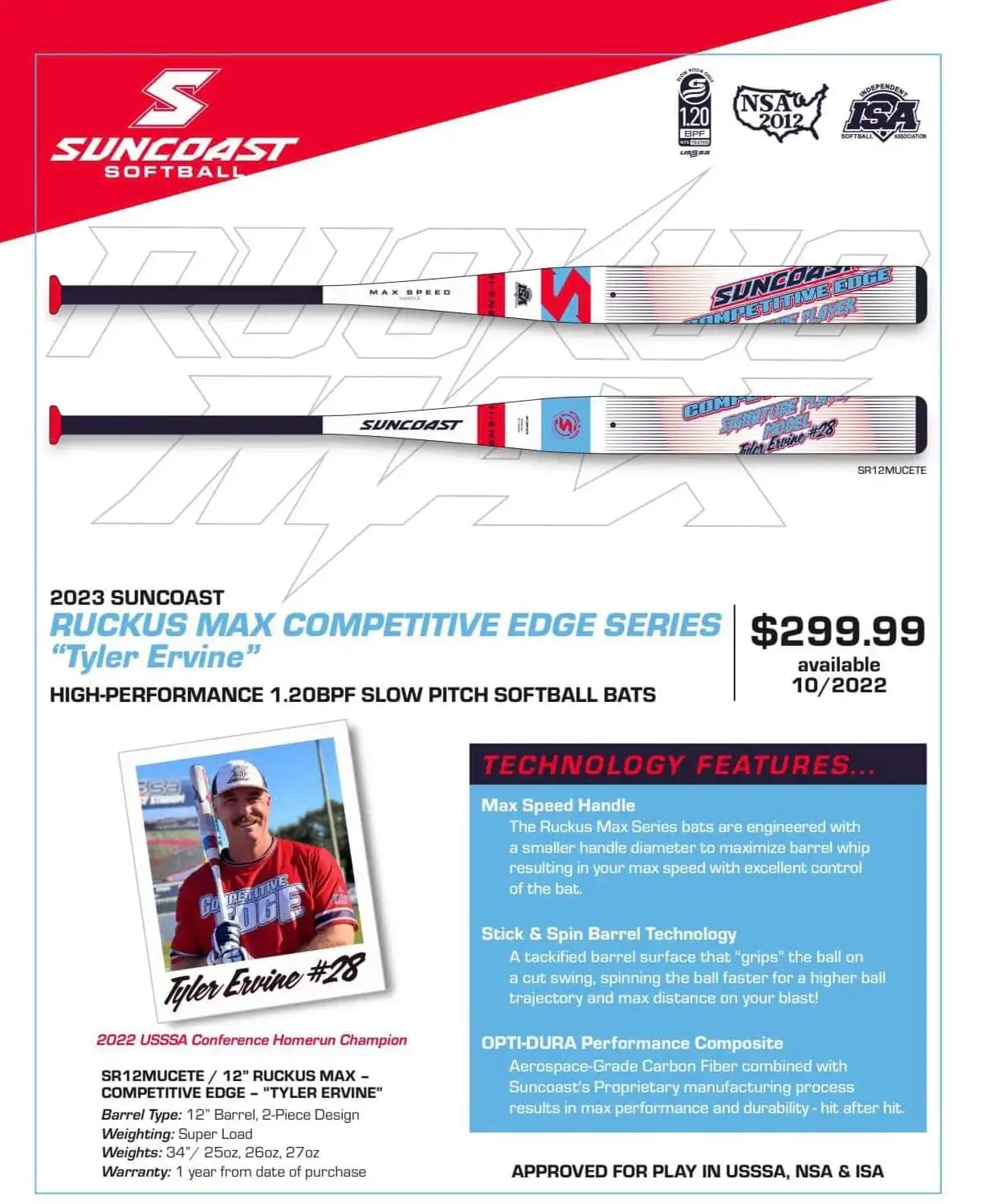 2023 Suncoast Ruckus Super Max Competitive Edge 12" Tyler Ervine USSSA Slowpitch Softball Bat 2 2023 Suncoast Ruckus Super Max Competitive Edge 12" Tyler Ervine USSSA Slowpitch Softball Bat - Image 2